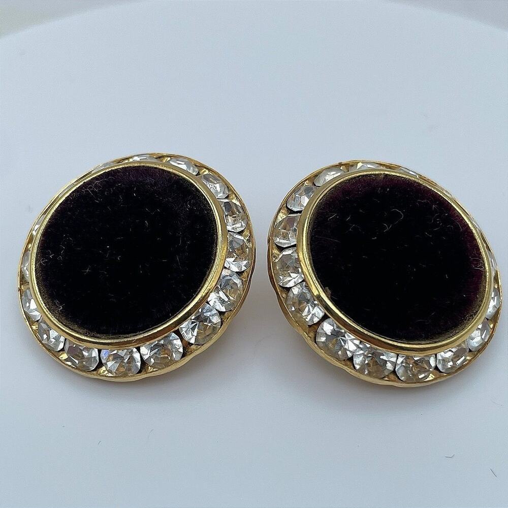 Vintage 80s Gold Tone Clear Rhinestone Black Velvet Earrings Women's Jewelry Y2K